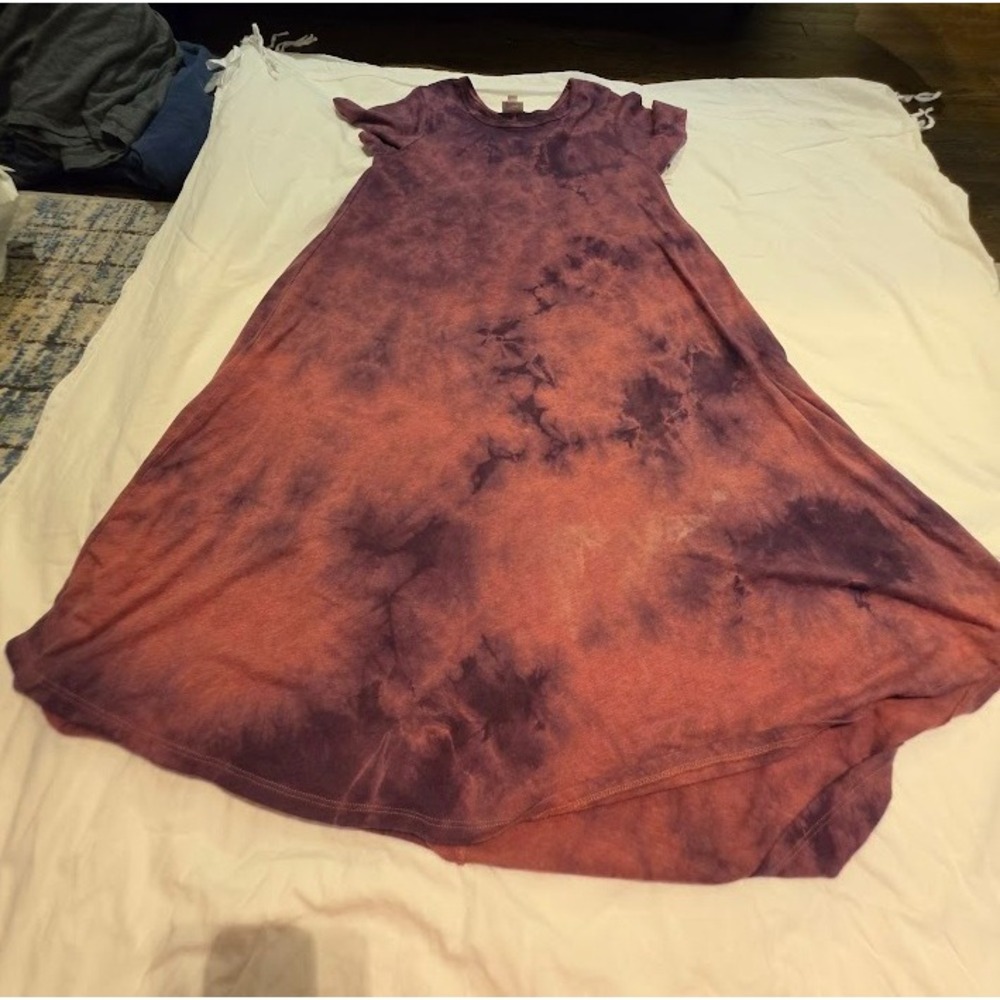 LuLaRoe Carly Dress Womens XS Purple Orange Tie Dye High Low Short Sleeve A-Line